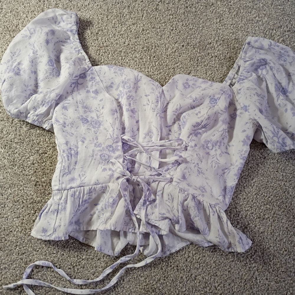 Miami Sz M Light Purple Floral Print Puff Sleeve Corset Tie Bodice W/Ruffle